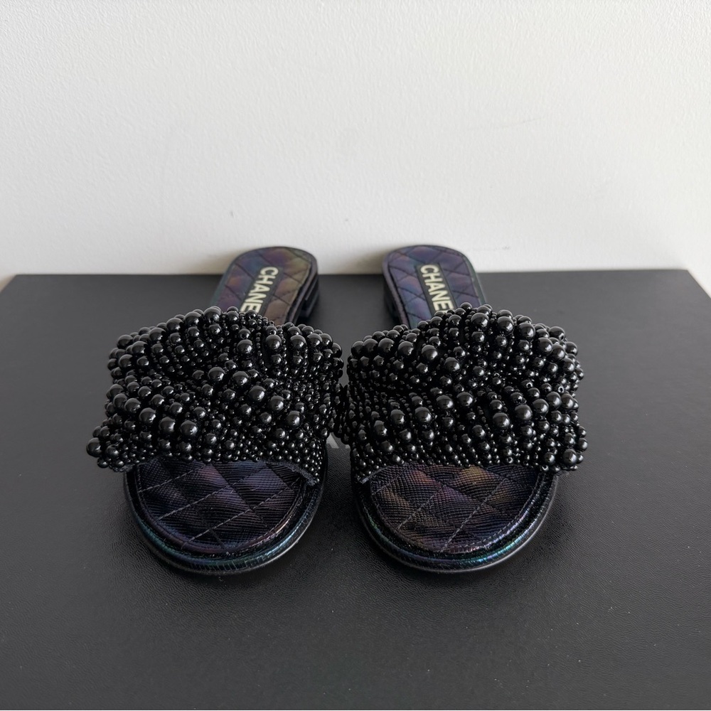 CHANEL Black Beaded Women's Slide Sandals - Authentic